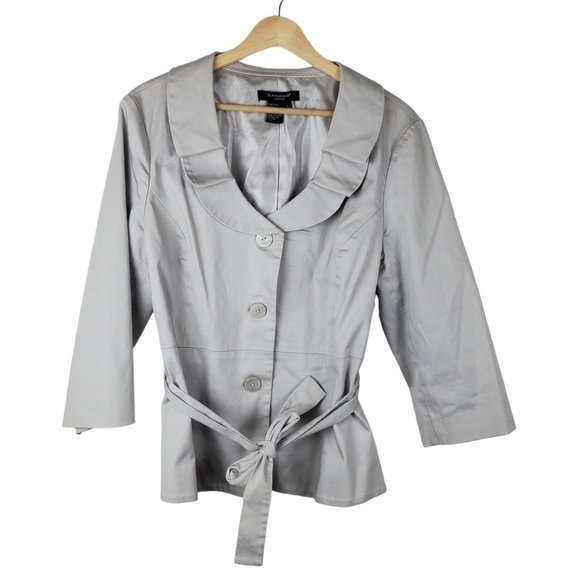 Sandro Jacket Womens Large Gray Silver Blazer Tie Waist Button Up 3/4 sleeves - Picture 1 of 13